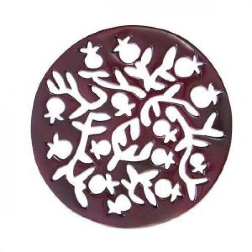 Anodized Aluminum Trivet with Pomegranates, Maroon - Yair Emanuel