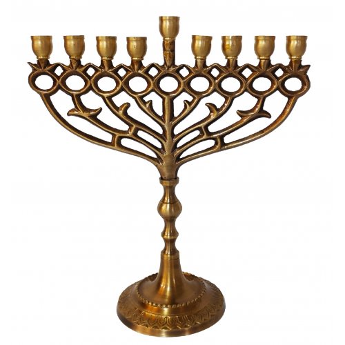 Antique Deep Gold Pomegranate Design Hanukkah Menorah, for Candles - 10 Inches