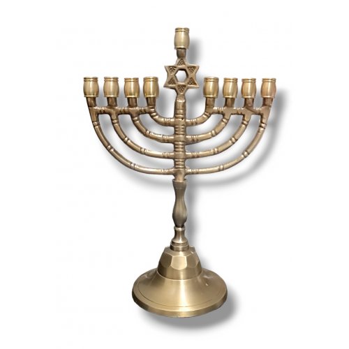 Antique Style Gold Metal Chanukah Menorah, Decorative Star of David - 8 Inches High