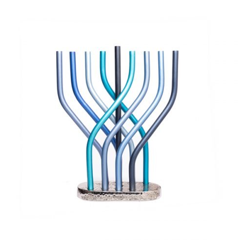 Blue Tubes Aluminum Hanukkah Menorah with Flame Design - Yair Emanuel