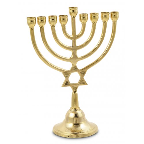 Brass Gold Hanukkah Menorah with Star of David, For Candles - 9 Inches