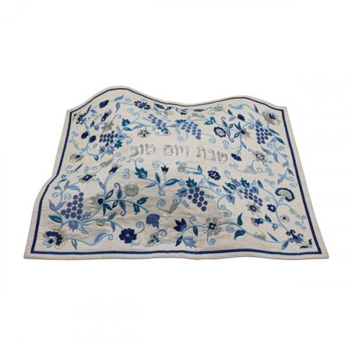 Challah Cover, Embroidered Blue Grapevine and Flower Design - Yair Emanuel