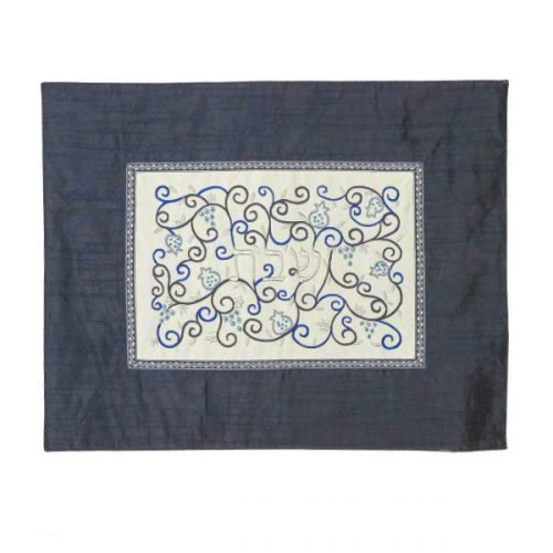 Challah Cover with Embroidered Swirling Pomegranates, Blue on Blue - Yair Emanuel