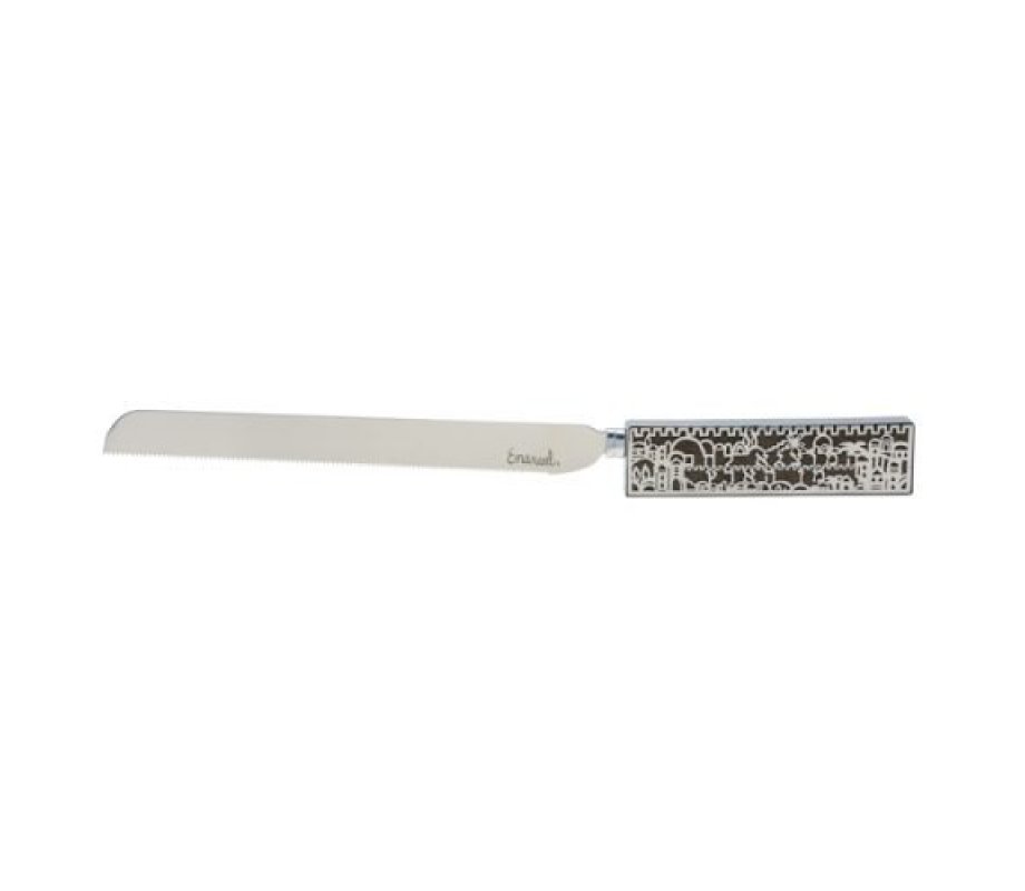 Challah Knife with Cutout design and Blessing Words, Antique Green - Yair Emanuel