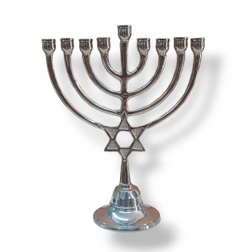 Chanukah Menorah Nickel Plated with Star of David on Stem, For Candles - 9 Inches