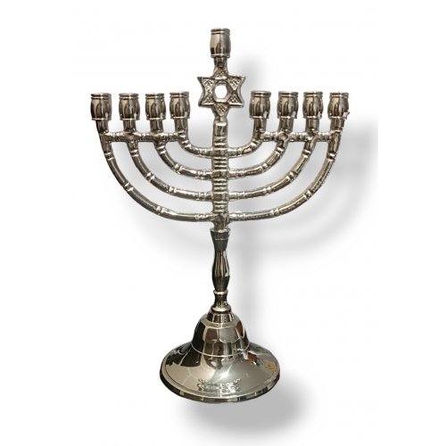 Chanukah Menorah of Nickel, Grained Star of David on Stem - 8 Inches High