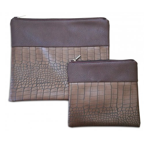 Chocolate Brown Tallit and Tefillin Bag Set, Faux Leather - Crocodile Design