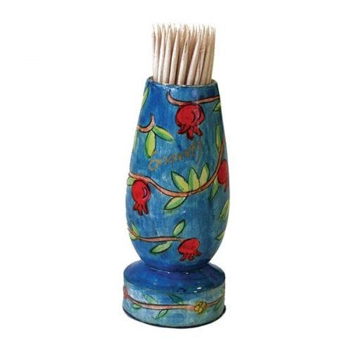 Colorful Wood Toothpick Stand with Hand Painted Leafy Pomegranates - Yair Emanuel