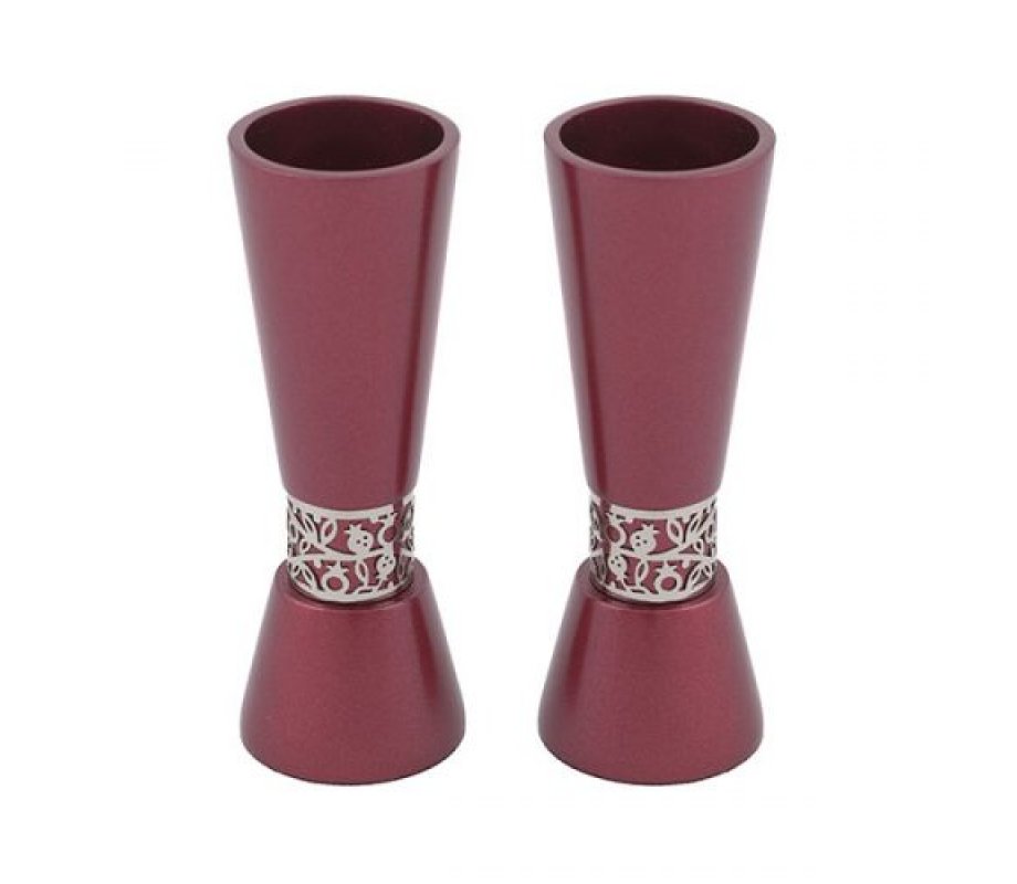 Cone Shaped Candlesticks with Silver Pomegranate Band, Maroon - Yair Emanuel