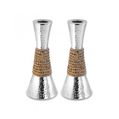 Cone Shaped Shabbat Candlesticks Hammered Aluminum  Gold and Silver Crystals