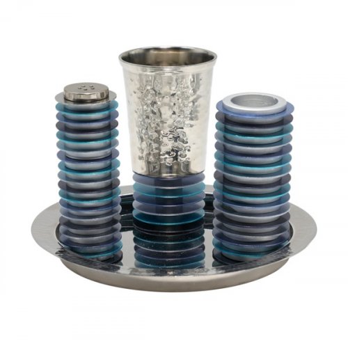Contemporary 4-Piece Havdalah Set, Blue Stacked Discs - Yair Emanuel