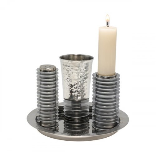 Contemporary 4-Piece Havdalah Set, Gray Stacked Discs - Yair Emanuel