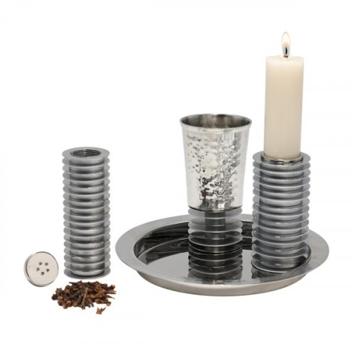 Contemporary 4-Piece Havdalah Set, Gray Stacked Discs - Yair Emanuel