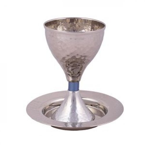 Contemporary Hammered Metal Kiddush Cup Set with Blue Band - Yair Emanuel