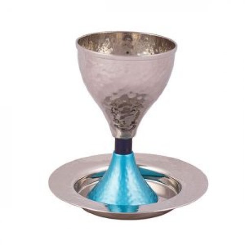 Contemporary Hammered Metal Kiddush Cup Set with Turquoise Band - Yair Emanuel