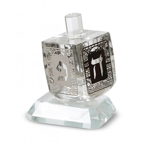 Crystal NO-FALL Decorative DREIDEL on Base, Hebrew Letters Cut out - Silver