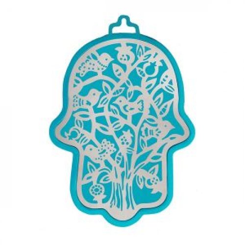 Cutout Silver on Turquoise Metal Trees and Birds Design Wall Hamsa - Yair Emanuel