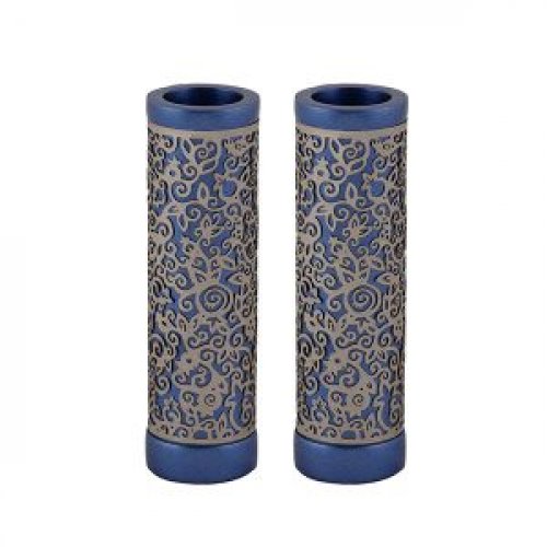 Cylinder Candlesticks with Floral Pomegranate Overlay, Blue - Yair Emanuel