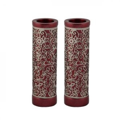 Cylinder Candlesticks with Floral Pomegranate Overlay, Maroon - Yair Emanuel