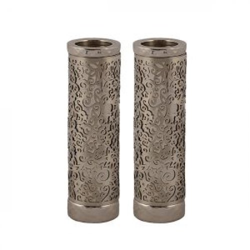 Cylinder Candlesticks with Floral Pomegranate Overlay, Silver - Yair Emanuel