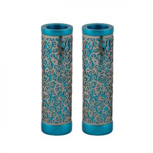 Cylinder Candlesticks with Floral Pomegranate Overlay, Turquoise - Yair Emanuel