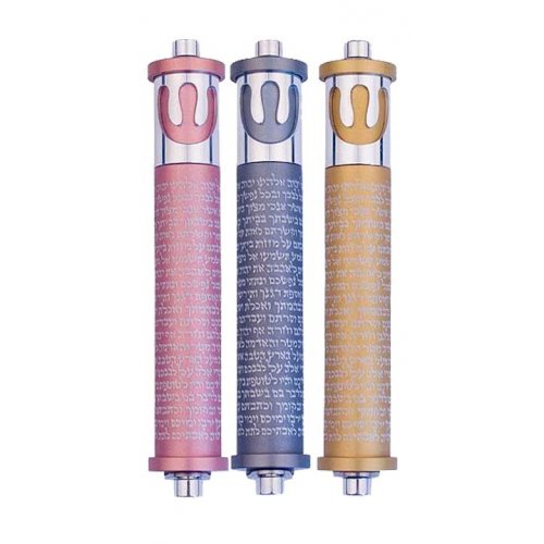 Cylinder Mezuzah Case with Shema and Curving Shin, Light Colors at 6 Inches - Agayof