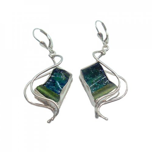 Dangling Earrings of Sterling Silver and Roman Glass, Dancing Waves  Michal Kirat