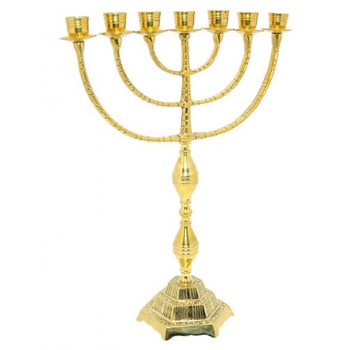 Decorative Seven Branch Menorah, Gleaming Gold Brass  16