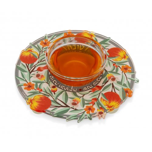 Dorit Judaica Lucite Honey Dish, Glass Bowl - Pomegranates