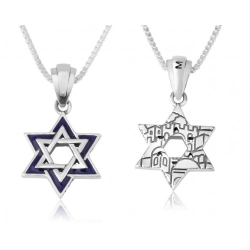 Double Star of David Pendant Necklace, Jerusalem Image on Reverse  Sterling Silver