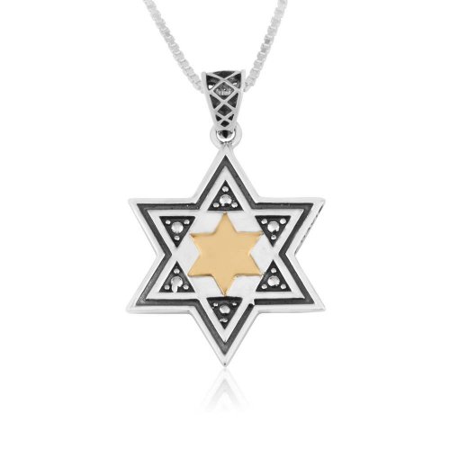 Double Star of David Pendant Necklace, Sterling Silver and 15K Plated Gold