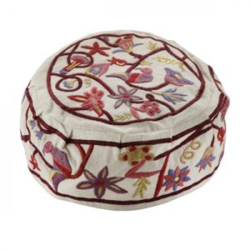 Embroidered Bucharian Hat Kippah, Flowers and Birds on Cream - Yair Emanuel