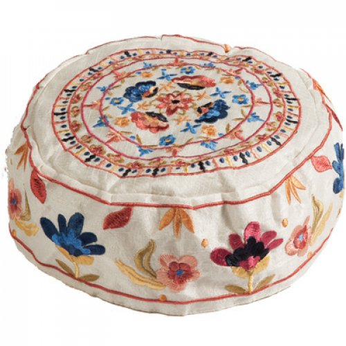 Embroidered Bucharian Hat Kippah on Cream, Colorful Floral Design - Yair Emanuel