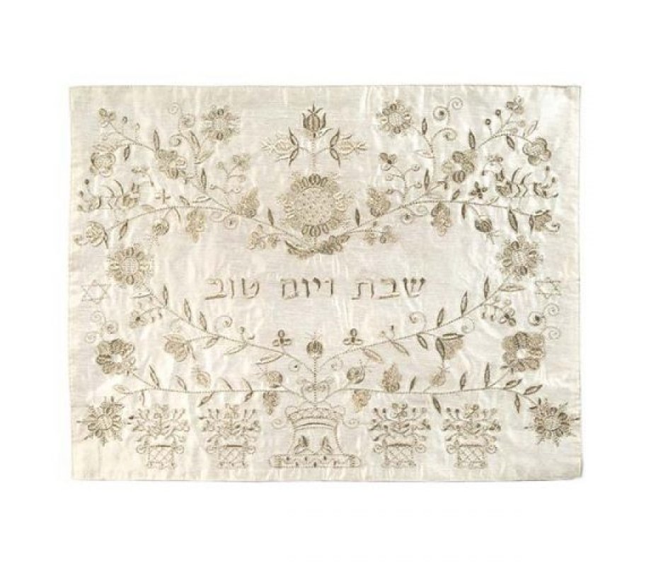 Embroidered Challah Cover, Silver Floral Design - Yair Emanuel