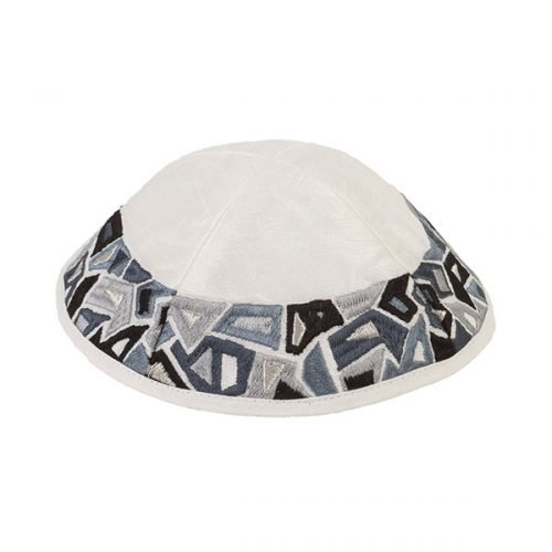 Embroidered Kippah, Black and Gray Geometric Shapes on Cream - Yair Emanuel