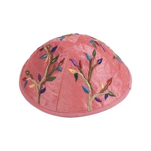 Embroidered Kippah, Colorful Tree of Life Design on Pink - Yair Emanuel