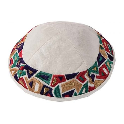 Embroidered Kippah, Multicolor Geometric Shapes on Cream - Yair Emanuel