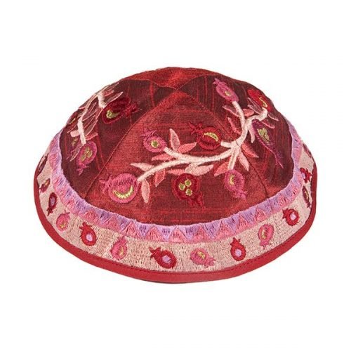 Embroidered Kippah, Pomegranates Design in Maroon and Pink - Yair Emanuel