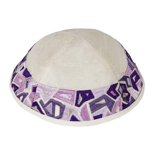 Embroidered Kippah, Purple Geometric Shapes on Cream - Yair Emanuel