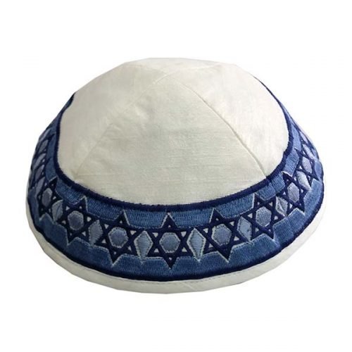 Embroidered Kippah, Stars of David in Blue on Cream - Yair Emanuel