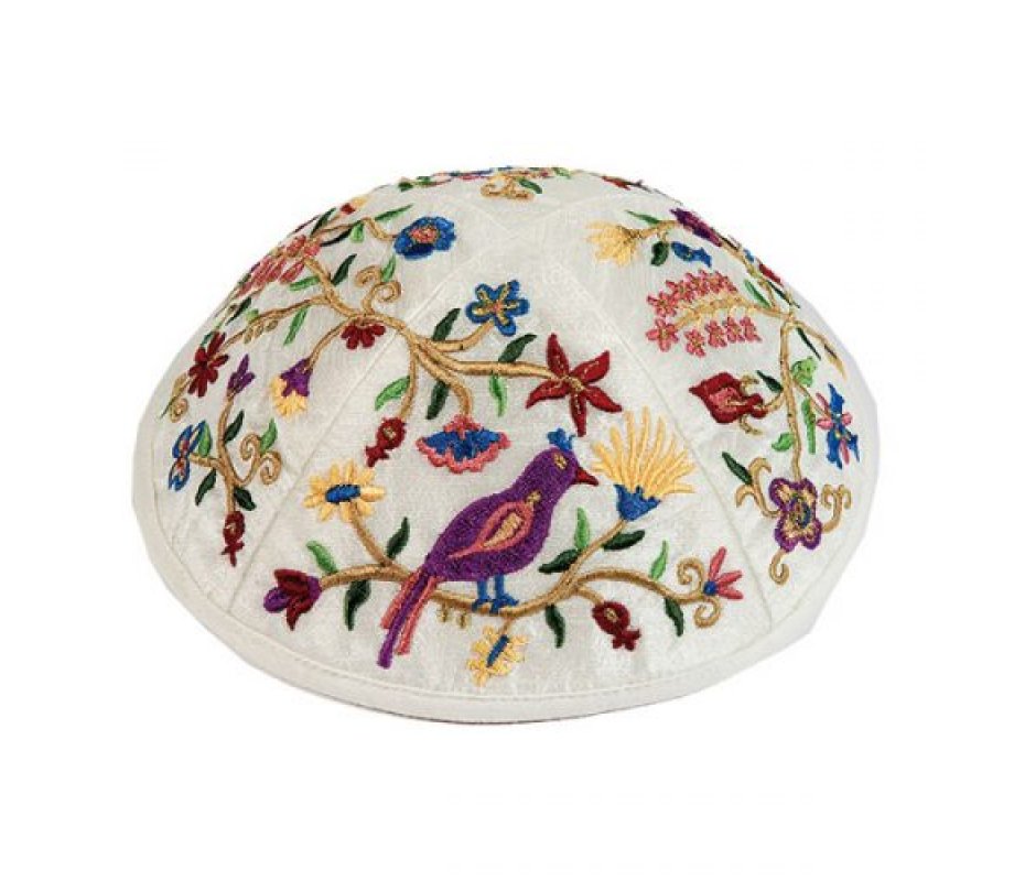 Embroidered Kippah with Birds and Flowers, Multicolored - Yair Emanuel