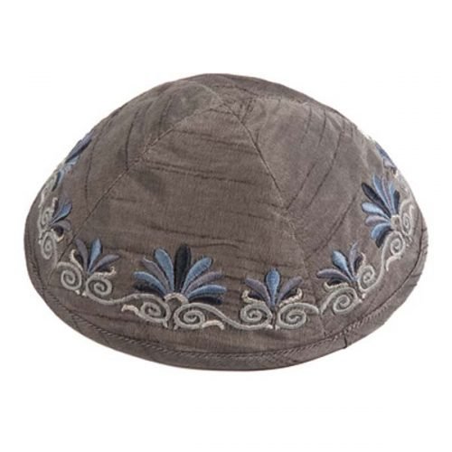 Embroidered Kippah with Date Palm Design, Gray - Yair Emanuel