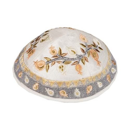 Embroidered Kippah with Pomegranate Design, Gold and Silver - Yair Emanuel