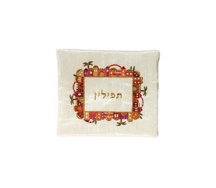 Embroidered Tallit and Tefillin Bag Set, Jerusalem Frame on Off White ...