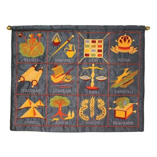 Embroidered Wall Hanging of Twelve Tribes Symbols on Blue, English  Yair Emanuel