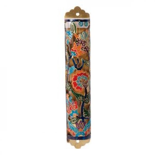 Etched Mezuzah Case with Colorful Design, Flowers - Yair Emanuel