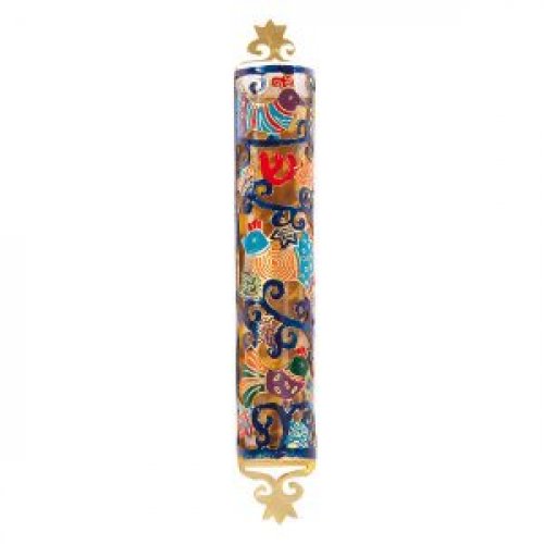 Etched Mezuzah Case with Colorful Design of Birds - Yair Emanuel