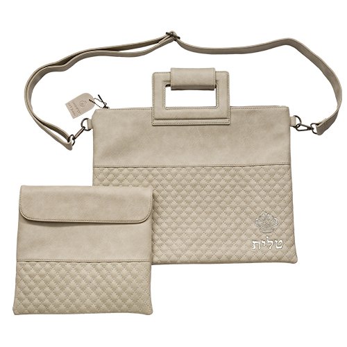 Faux Leather Shoulder Strap Tallit & Tefillin Bag Set, Gray with Diamond Design