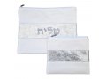 Faux Leather Tallit and Tefillin Bag, Off-White - Glittering Silver Embroidered Band