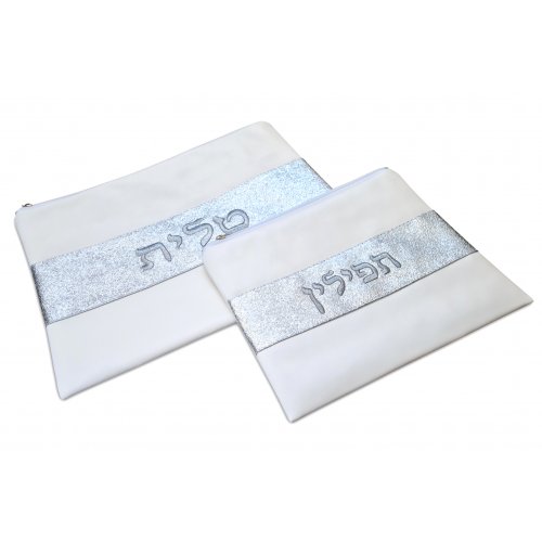 Faux Leather Tallit and Tefillin Bag, Off-White - Glittering Silver Embroidered Band